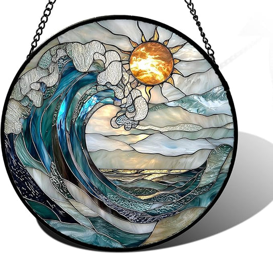 Stained Glass Window Hanging, Blue and White Waves Suncatcher Diamond Glass Panel Landscape Sun Catchers Decor for Birthday for Women, Men, Wife, Aunt, and Mom 7.8 in