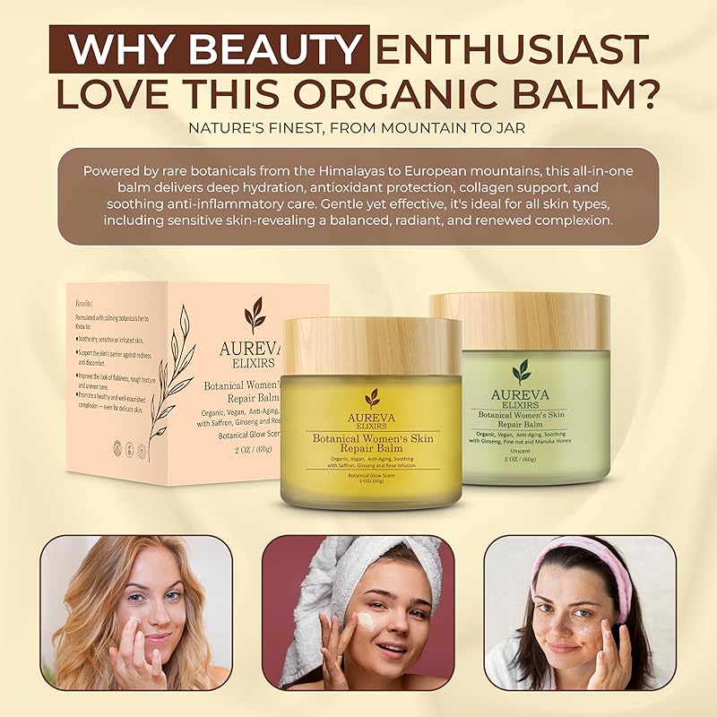 Organic Botanical Women’s Skin Repair Balm – 97% Reported Improvement for Acne, Sunburn & Dryness – Day & Night Anti-Aging Collagen Boost Moisturizer for Face, Neck & Décolleté – Glow Scent, 2oz