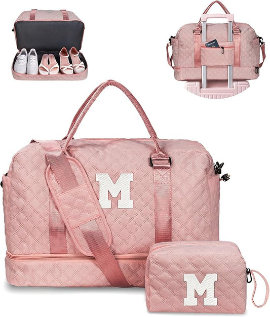 Gifts for Daughter-Girls Initial Duffle Bag with Shoe Compartment, Kids Weekender Bag, Monogram Overnight Bag, Letter Travel Bag with Makeup Bag，Sister Friend Girlfriend Gifts (Letter M)