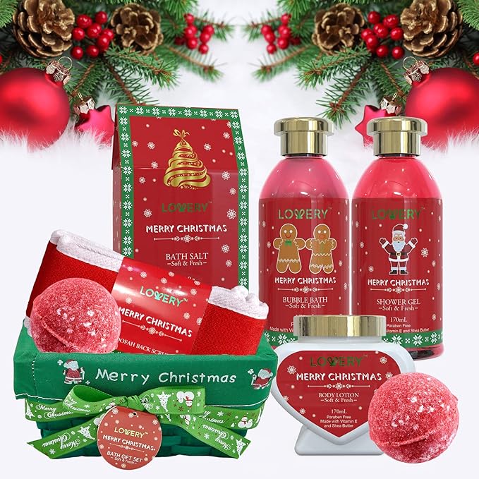 Bath and Body Christmas Gift Basket ForWomen–Strawberry & Sandalwood Fragrance-Holiday Home SpaSet, Includes Merry Christmas Body Lotion, 2 OversizedBath Bombs, Bath Salt, Weaved Basket & More