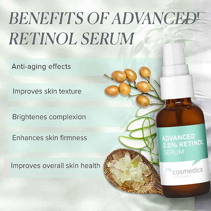 Cosmedica Skincare's Advanced 2.5% Retinol Serum w/Green Tea, Hyaluronic Acid & Vit E - Anti-Aging, Skin Revitalizing, Hydrating Serum for Fine Lines, Wrinkles, Discoloration, and Acne Scars, 1oz