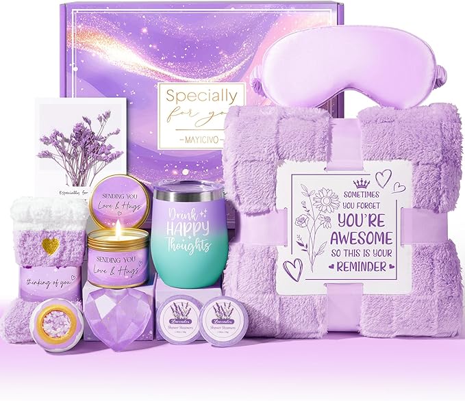 Birthday Gifts for Women, Self Care Gifts Get Well Soon Gifts Basket for Women Lavender Relaxing Spa Gifts Care Package w/ Blanket Unique Mothers Day Gifts for Mom Her Wife Girlfriend Friend Sister