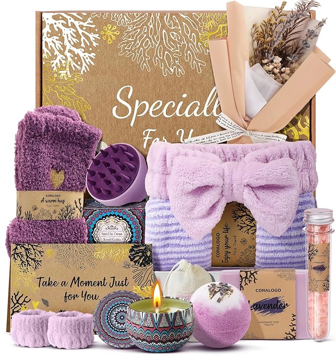 Coralogo Lavender Spa Gift Baskets - Natural Pampering Spa Set, Self-Care Beauty Gift Basket, Wellness Bath & Body Works, Unique Gifts for Birthday, Valentines Day, Mothers Day for Mom, Wife, Her