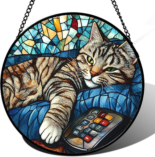 Stained Glass Window Hanging Gray Cat and Remote Control 6.3" - Suncatcher Door Garden Kitchen Sun Catcher Home Decor Birthday for Lost Pets Mom Men Woman Friend Grandma
