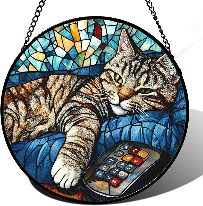 Stained Glass Window Hanging Gray Cat and Remote Control Large 15" - Suncatcher Door Garden Kitchen Sun Catcher Home Decor Birthday for Lost Pets Mom Men Woman Friend Grandma
