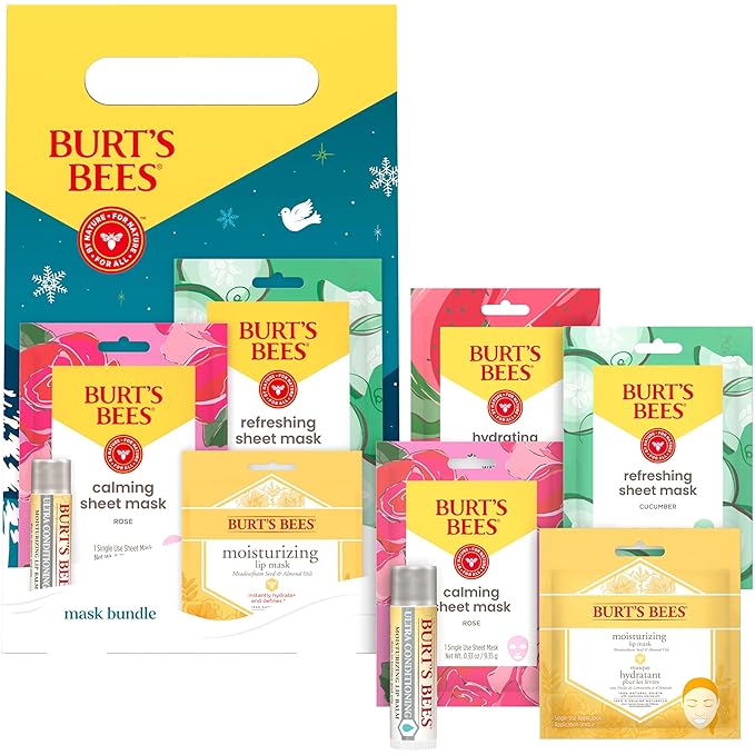 Burt’s Bees Christmas Gifts, Mask Bundle Stocking Stuffers Gift Set; Moisturizing Lip Mask, Ultra Conditioning Lip Balm, Refreshing Sheet Mask, Calming Sheet Mask; Festive Packaging; 1 Gift Set