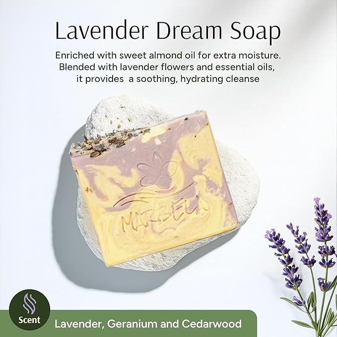 Marbela Cosmetics Lavender Dream Handmade Soap Bar - Made in USA, Vegan Friendly, Palm Oil Free, Natural Bar Soap - Gentle Face & Body Soap for Daily Skin Care, Moisturizing & Nourishing - 3.5 oz