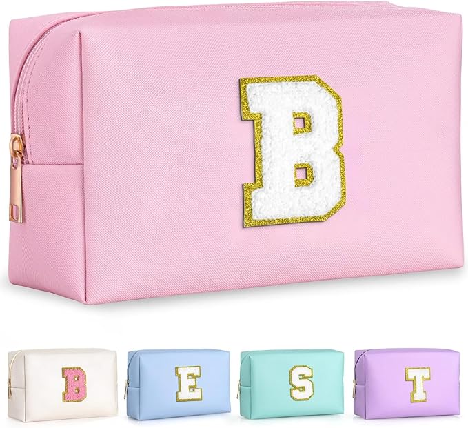 TOPEAST Preppy Patch Makeup Bag, Chenille Letter Pouch Cosmetic Bag, PU Leather Waterproof Toiletry Bag, Personalized Birthday Gift for Women Girl, Cute Stuff for Girls (Pink B)