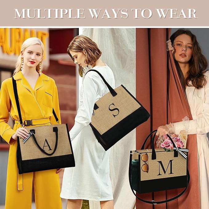 YOOLIFE Personalized Gifts for Women - Initial Jute Tote Bag & Makeup Bag, Birthday Gifts for Women Mom Wife Teacher Friend