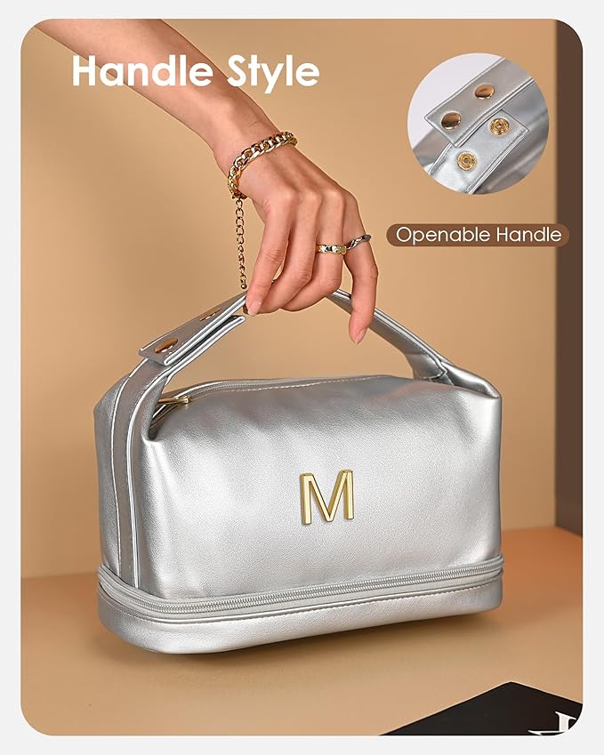 Personalized Gifts for Women Unique, Makeup Bag with Handle, Initial Double Layer Cosmetic Bag with Makeup Brush Organizer, Cute Cosmetic Pouch for Women, Gifts for Friends Female Mom