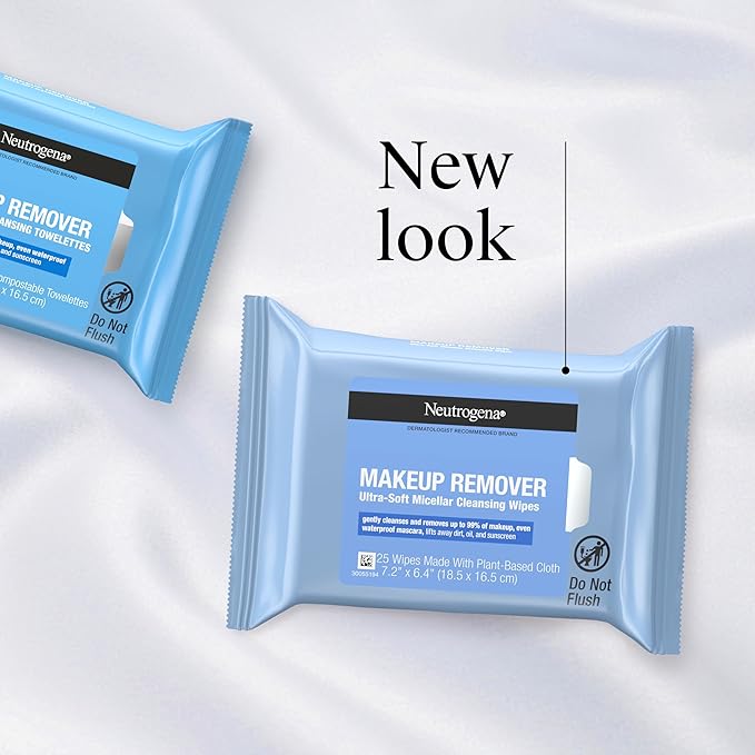 Neutrogena Makeup Remover Wipes Micellar Alcohol-Free Face Towelettes Remove Waterproof Mascara & Oil, Compostable 100% Plant-Based Cloth, Dermatologist & Ophthalmologist Tested, Twin Pack 2 x 25 ct