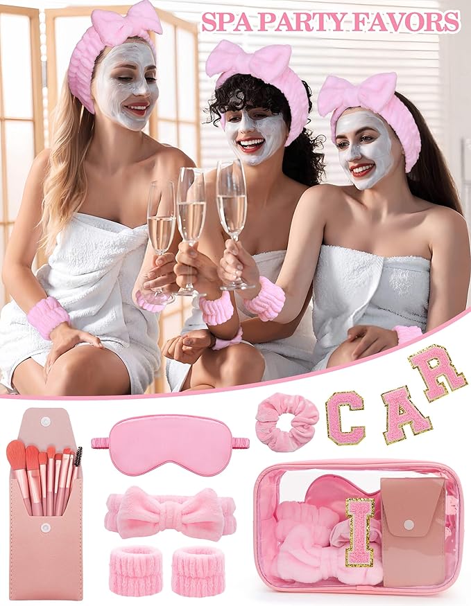 Gift Sets for Women, Initial Makeup Bag with Makeup Brush Set Bachelorette Party Favors, Pink Spa Kit with Skincare Headbands Wrist Bands Sleepover Party Supplies Gifts for Teen Girls Bridesmaid I