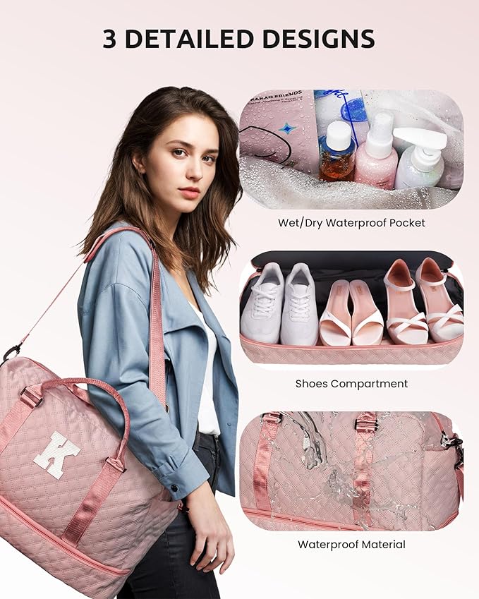 Preteen Gifts, Travel Bags for Girls, Initial Duffle Bag with Shoe Compartment, Kids Weekender Bag with Shoulder Strap, Overnight Bag for Women,Travel Bag with Makeup Bag (Letter E)