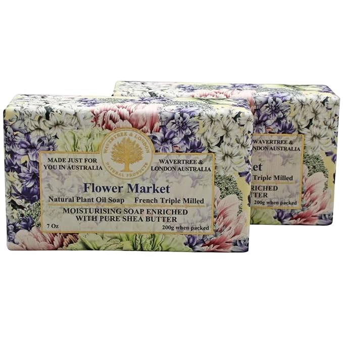 Wavertree & London Flower Market Scented Natural Soap (2 Bars), 7oz Moisturizing French Triple Milled Soap Bars enriched with shea butter - Pure Plant Based Bath & Body Bars for All Skin Types