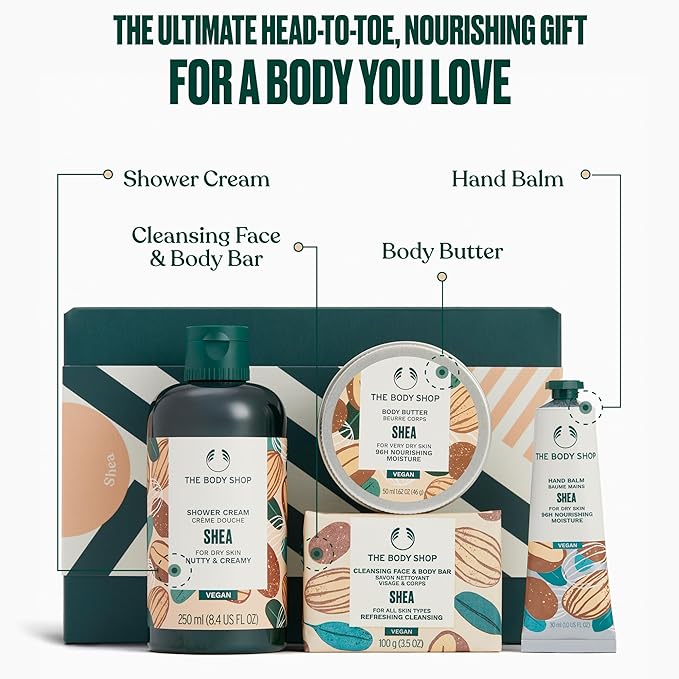 The Body Shop Shea Gift Set - 4 Piece Set, Shower Cream, Body Butter, Bar Soap, Hand Balm, Vegan