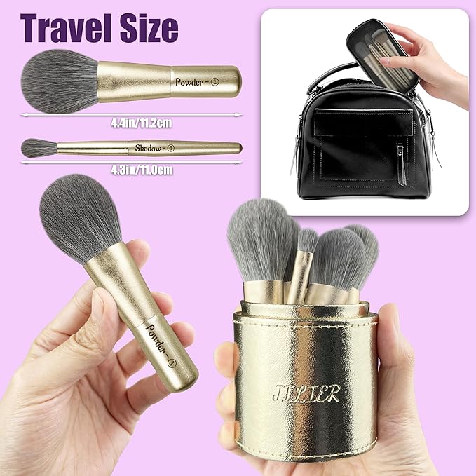 Jilier Travel Makeup Brush Set, 14 pcs Mini Makeup Brushes for Foundation, Powder, Eyeshadow, Highlight, Contour, Blush & Concealer, Small Makeup Brush Set Purse Size with Case