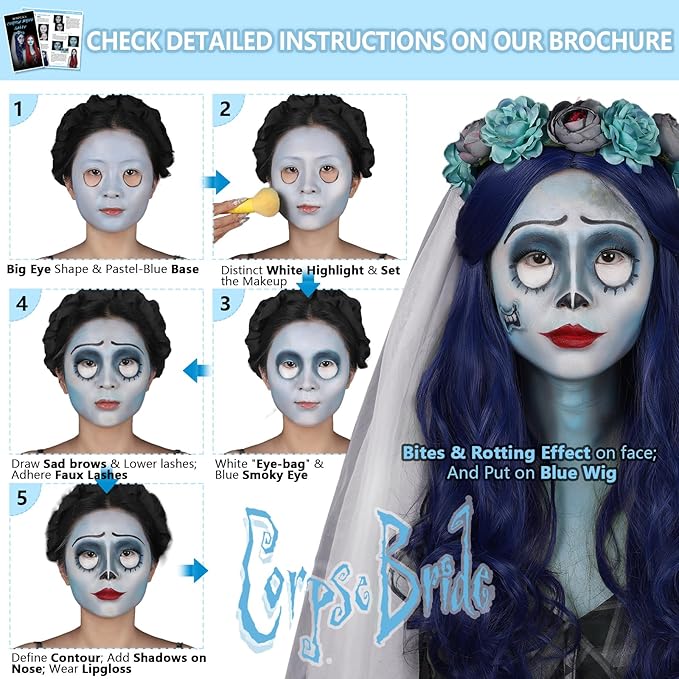 Halloween Sally Makeup & Corpse Bride Makeup Kit, Sally Costume Corpse Bride Make Up SFX Set with Light Blue Face Paint, Black Eyeliner, Lipstick & Faux Eyelash for Sally Face Cosplay & Dress-Up Party