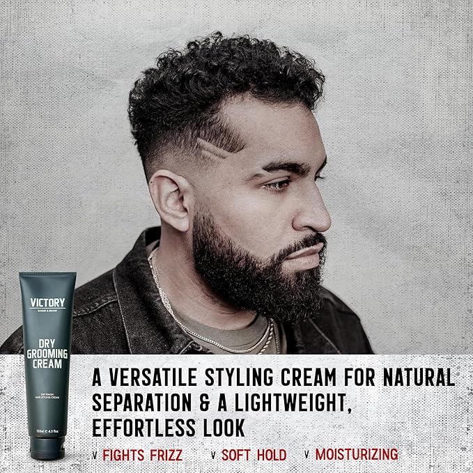 Dry Grooming Hair Cream for Men by Victory Barber & Brand | Men’s Hair Products Made in the USA | Anti Frizz Styling Cream | Wave Pomade for Styling Medium Length Hair with a Natural Finish