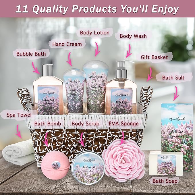 Spa Baskets For Women - Luxury Bath Set With Lilac & Rose Oil - Spa Kit Includes Wash, Bubble Bath, Lotion, Bath Salts, Body Scrub, Hand Cream, Shower Puff, Bathbombs, Soap and Towel