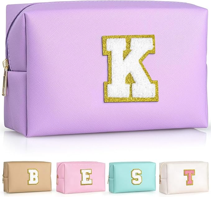 TOPEAST Initial Cosmetic Bag, PU Leather Waterproof Travel Toiletry Bag, Monogrammed Gifts for Women, Personalized Birthday Gift for Sister Friends, Cute Stuff for Girls (Purple K)