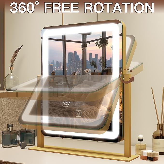 FENNIO Vanity Mirror with Lights - 15"x12.6" LED Lighted Makeup Mirror, Large Makeup Mirror with Lights, Touch Screen with 3-Color Lighting, Dimmable, for Vanity Desk Tabletop, Bedroom Gold