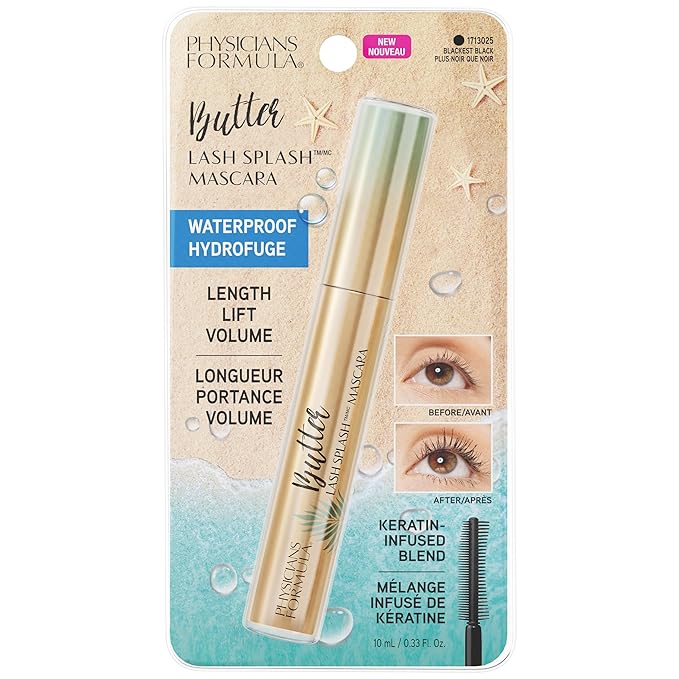 Physicians Formula Butter Lash Splash Waterproof Mascara, Buildable Formula with Murumuru Butter & Lash-Strengthening Keratin, Provides Full Volume, Lift, & Length, Cruelty-Free - Blackest Black