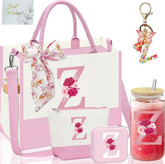 Monogrammed Gifts for Women,Personalized Gift for Women,Initial Canvas Tote Bag,16oz Initial Glass Cup,Makeup Bag for Sister,Jewelry Organizer Box,Birthday Gifts for Aunt Niece-Z