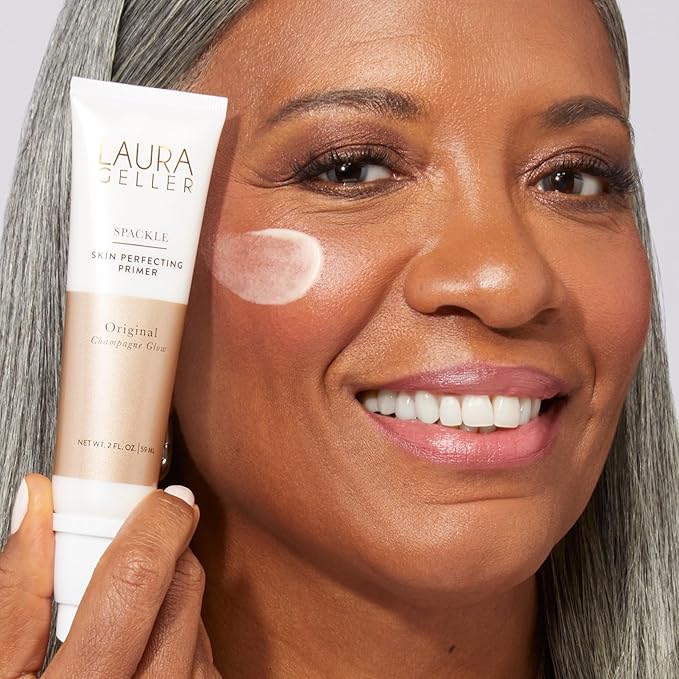 LAURA GELLER NEW YORK Everyday Routine Kit - Baked Balance-N-Brighten Color Correcting Powder Foundation, Toffee + Retractable Angled Kabuki + Spackle Makeup Primer, Champagne Glow (3 PC)