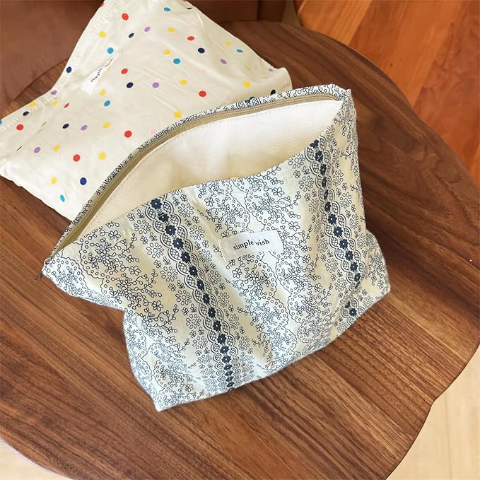 Wudygirl Makeup Bag Cute Cosmetic Bag for Women Large Capacity Makeup Pouch Travel Makeup Organizer Canvas Toiletry Bag Pouches for Purse with Zipper (Navy Blue Striped Floral)