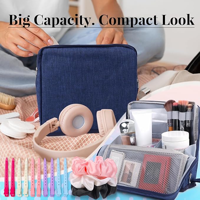 Standing Makeup Bag Gift Set – Large Travel Cosmetic Organizer That Supports Mirror or Phone – Includes 3 Silk Scrunchies & 10 Duckbill Hair Clips – Great Gift for Women & Girls (NAVY BLUE)