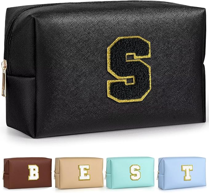 TOPEAST Initial Cosmetic Bag for Women, Preppy Small Makeup Bag, PU Leather Waterproof Toiletry Bag, Monogrammed Birthday Gifts for Women, Stuff for Girls (Black S)