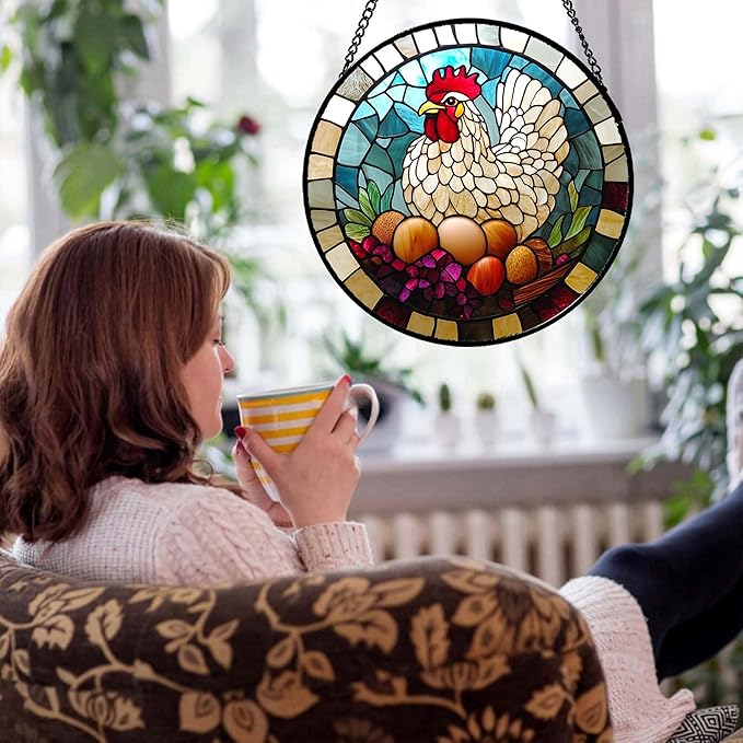 Stained Glass Window Hanging White Chicken Hatching Eggs 9.8" - Suncatcher Door Garden Sunroom Sun Catcher Home Decor Birthday Christmas for Mom Men Woman Nana