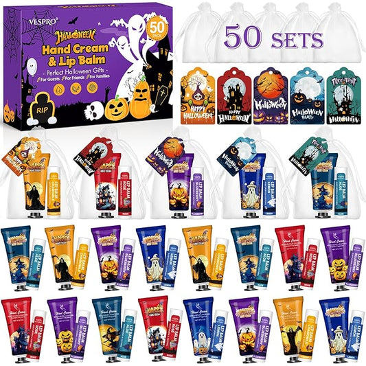 VESPRO 50 Pack Halloween Hand Cream and Lip Balm Set, Bulk Halloween Gifts with Halloween Cards and Organza Bag, Halloween Decorations and Halloween Party Favors Goodies for Women