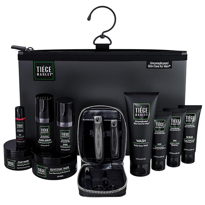 Tiege Hanley Men’s Skin Care Gift Set, Platinum – Face Wash, Scrub, AM/PM Moisturizers, Eye Cream, Serum, Clay Mask, Glycolic Pads, Lip Balm, Dopp Kit & Manicure Set – Ultimate Grooming Kit