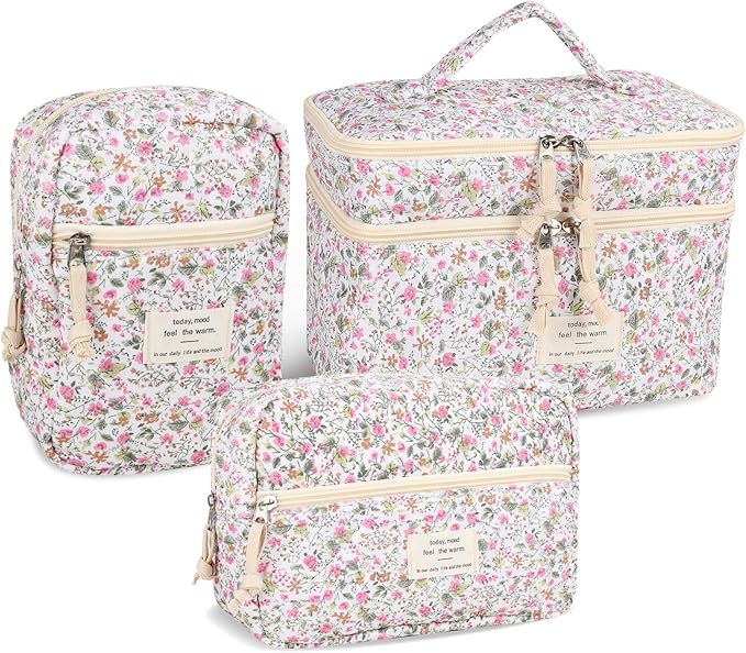 Anfly Makeup Bag, Quilted Cosmetic Bags, Large Floral Make Up Bag, Cute Makeup Bag 3PC Set for Women Girls (Little Flowers)