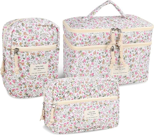Anfly Makeup Bag, Quilted Cosmetic Bags, Large Floral Make Up Bag, Cute Makeup Bag 3PC Set for Women Girls (Little Flowers)