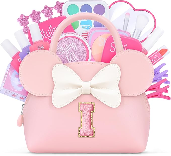 Pretend Makeup Kit for Girls Kids Toddlers - Initial Purse & Makeup Sets for Kids Make Up Toys Gifts for Girls Kid I