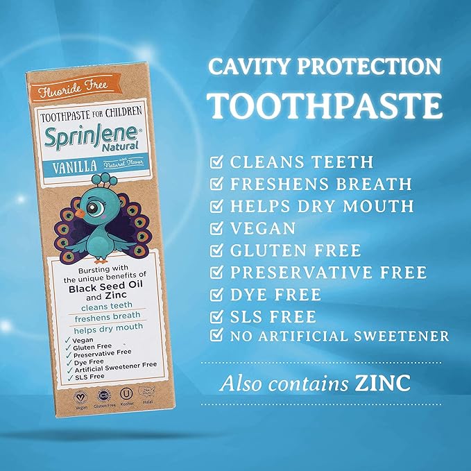 SprinJene Natural Children’s Toothpaste – Fluoride Free Vanilla Toothpaste for Toddlers & Kids – Gentle Safe Natural Formula with Patented Black Seed Oil & Zinc – Made in The USA (4 Pack)