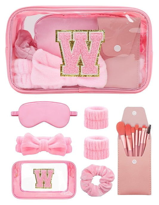 Gift Sets for Women, Initial Makeup Bag with Makeup Brush Set Bachelorette Party Favors, Pink Spa Kit with Skincare Headbands Wrist Bands Sleepover Party Supplies Gifts for Teen Girls Bridesmaid W