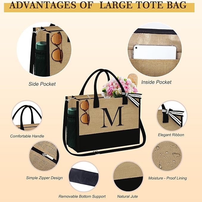 YOOLIFE Gifts for Women - Initial Jute Tote Bag & 2 Makeup Bags Personalized Gifts for Women Teacher Mom Friend Birthday