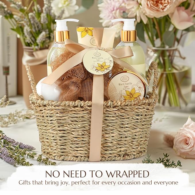 Bath and Body Warm Vanilla Sugar Spa Gifts for Women, with Shower Gel, Bubble Bath, Body Lotion, Bath Bomb, Bath Salt, Spa Basket Gift Set for Women, 7pcs Set Gifts