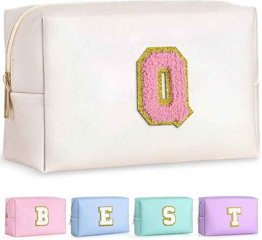 TOPEAST Initial Makeup Bag for Travel, Chenille Letter Pouch Cosmetic Bag, PU Leather Waterproof Toiletry Bag, Personalized Gifts for Bride Bridemaids, Cute Things for Girls (Pearly White Q)