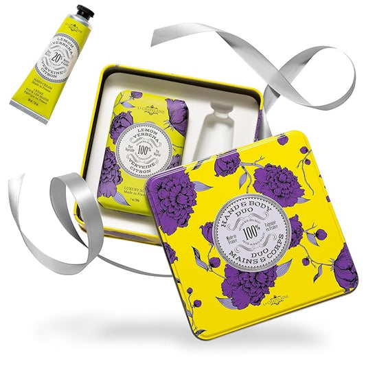 La Chatelaine Lemon Verbena Triple Milled Bar Soap and 20% Shea Butter Hand Cream Gift Set, Decorative Tin, Plant-Based, Natural & Organic, Made in France (7 oz. soap bar, 1 oz. hand lotion)