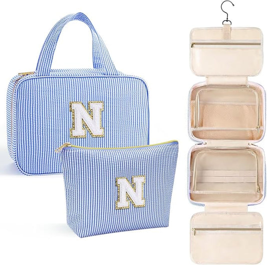 YOOLIFE Hanging Toiletry Bag for Women - Large Travel Toiletry Bag Makeup Bag, Portable Toiletries Cosmetic Bag, Airplane Travel Essentials - Letter N, Blue