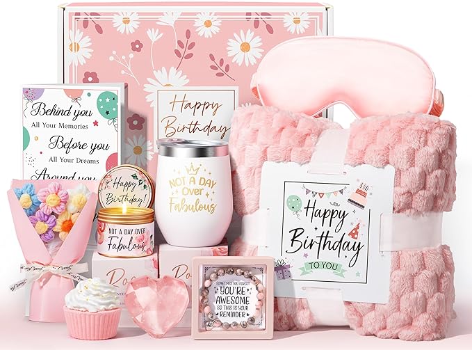 Birthday Gifts for Women Friendship, Unique Happy Birthday Gifts Basket for Mom Her Best Friend Sister Wife Girlfriend Coworker, Luxury Self Care Box Rose Relaxing Spa Gifts Set for Women with Blanket