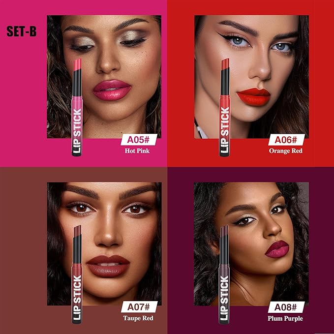 4Pcs Pitaya Pink Rouge Red Plum Purple Cherry Red Matte Lipstick Set，Creamy Matte+Lipsticks，Hydrating Balm-in-Lipstick，Velvety Finish for Women Daily Lip Makeup，High-pigment Formula，Easy to use