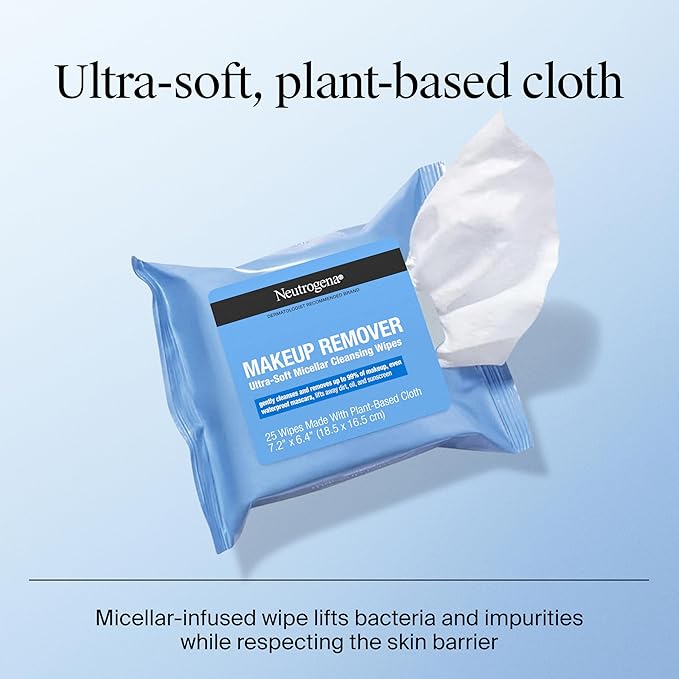 Neutrogena Makeup Remover Wipes Micellar Alcohol-Free Face Towelettes Remove Waterproof Mascara & Oil, Compostable 100% Plant-Based Cloth, Dermatologist & Ophthalmologist Tested, Twin Pack 2 x 25 ct