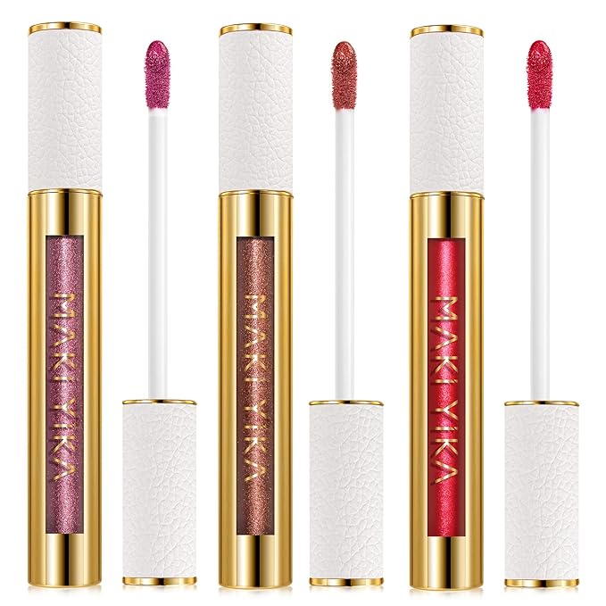 MAKI YIKA 3Pc Metallic Lipstick Long Lasting Pink Brown Red Glitter Lipsticks High Shine Lipstick No Smudge No Transfer Liquid Lip Gloss (Pink/Brown/Red)