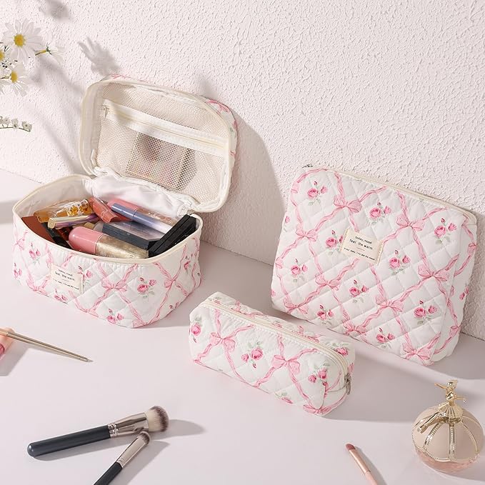 Anfly Makeup Bag, Quilted Cosmetic Bags, Large Floral Make Up Bag, Cute Makeup Bag 3PC Set for Women Girls (Pink Bow)
