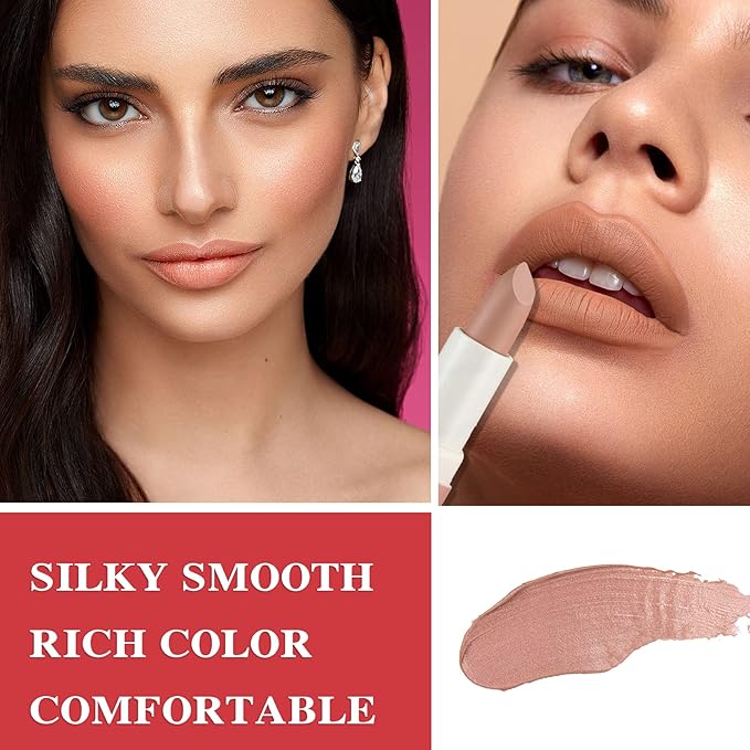 Matte Nude Lipstick,Paper Tube Lipsticks for Women,Bold & Intense Colors,Non-Stick Cup Not Fade Silky Smooth Velvet Lipgloss Set Lip Stick Matte Lipstick Lip Makeup Gifts(Nude)